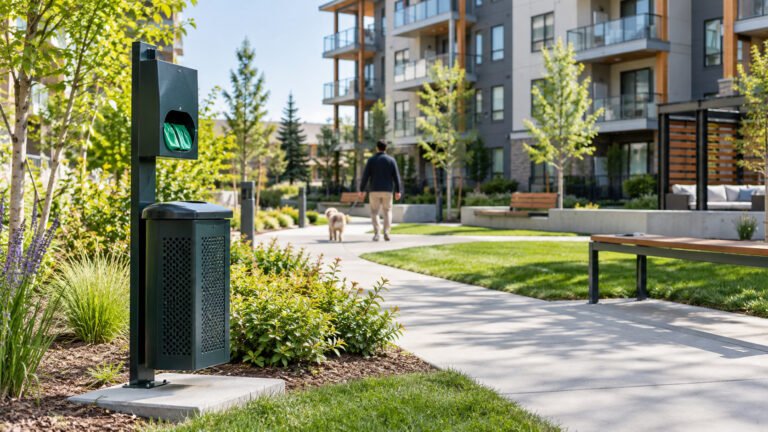 Maintained pet waste station at a clean Calgary condo property