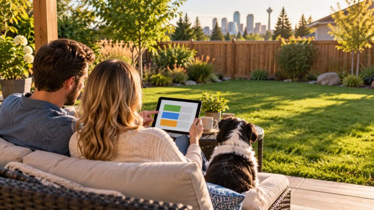 Calgary homeowners comparing professional dog poop removal service options in a clean backyard