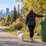 Dog owner placing a tied compostable pet waste bag in a Calgary green cart