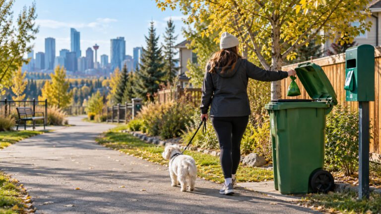 Dog owner placing a tied compostable pet waste bag in a Calgary green cart