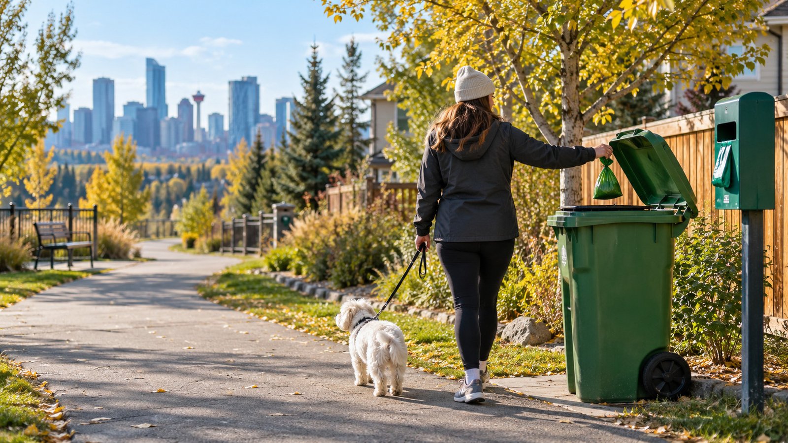 Dog owner placing a tied compostable pet waste bag in a Calgary green cart