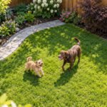 Two dogs enjoying a clean Calgary backyard with a regular dog waste removal schedule