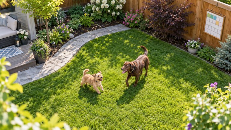 Two dogs enjoying a clean Calgary backyard with a regular dog waste removal schedule