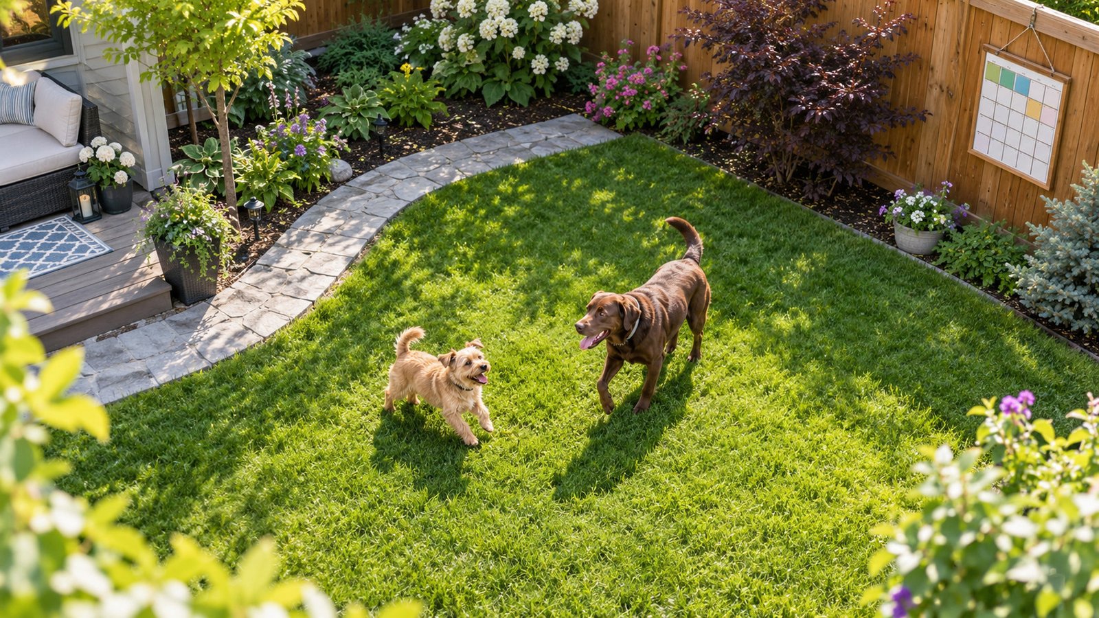 Two dogs enjoying a clean Calgary backyard with a regular dog waste removal schedule
