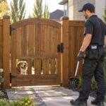 Professional dog waste removal technician arriving at a secure Calgary backyard gate
