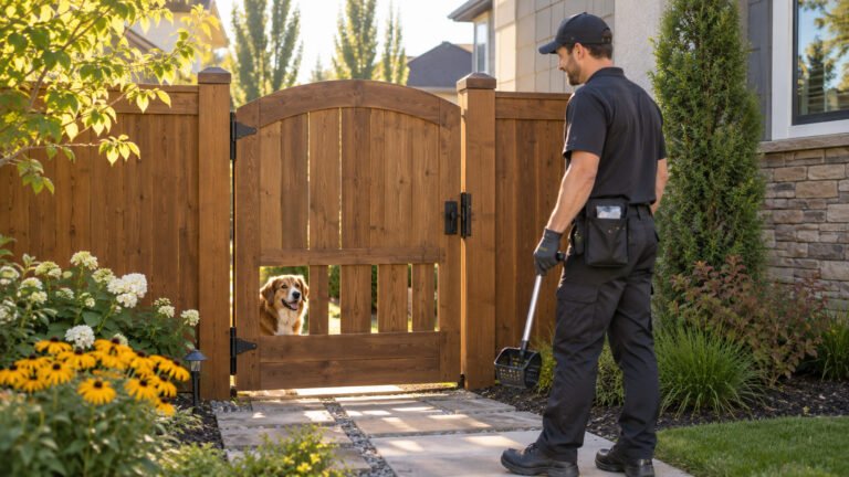 Professional dog waste removal technician arriving at a secure Calgary backyard gate