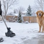 Professional dog waste removal in a snowy Calgary backyard during winter