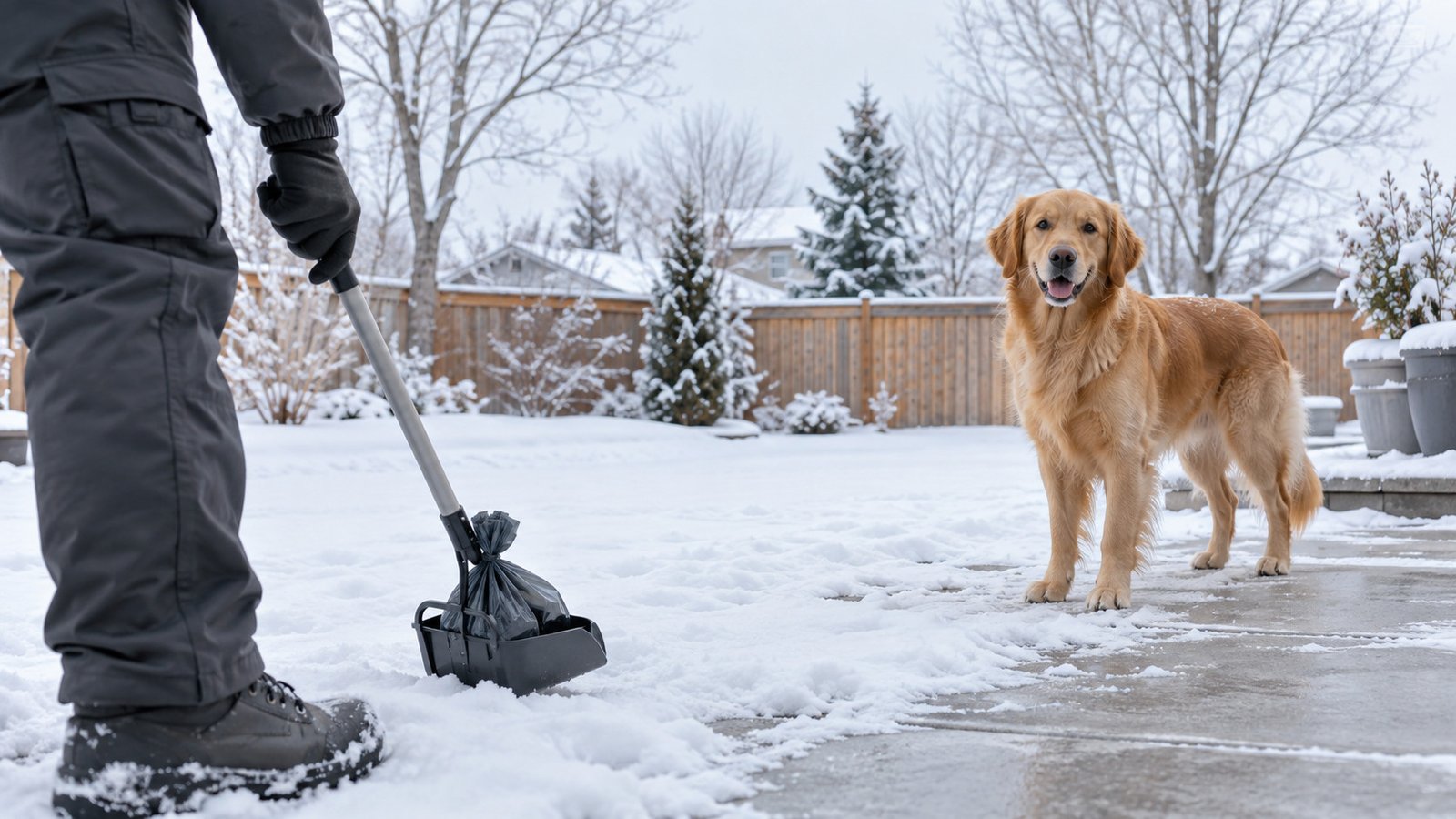 Professional dog waste removal in a snowy Calgary backyard during winter